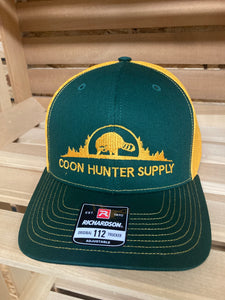 green / gold coon hunter supply hat - Tippy River Supply